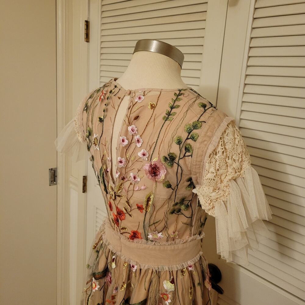 Floral Embroidered Mesh Midi Dress Handmade Beige Sheer Tassel Sleeve XS-S - Picture 5 of 8